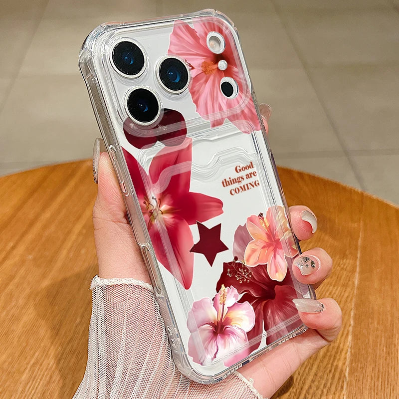 Lily flower clear iPhone case with card pocket | Red Lily / Clear