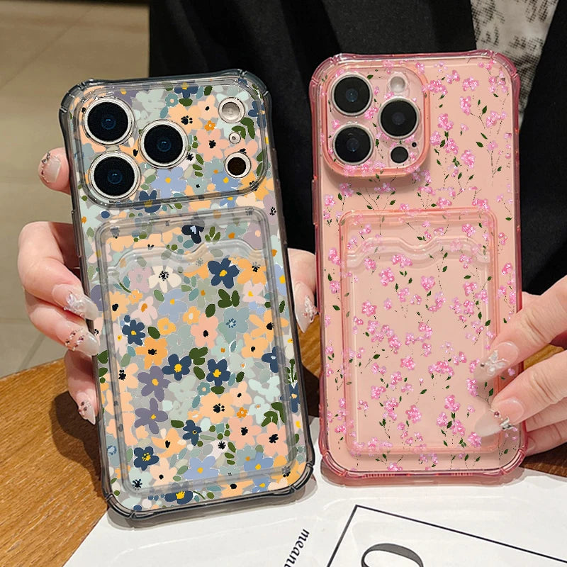 Vintage floral clear iPhone case with card pocket