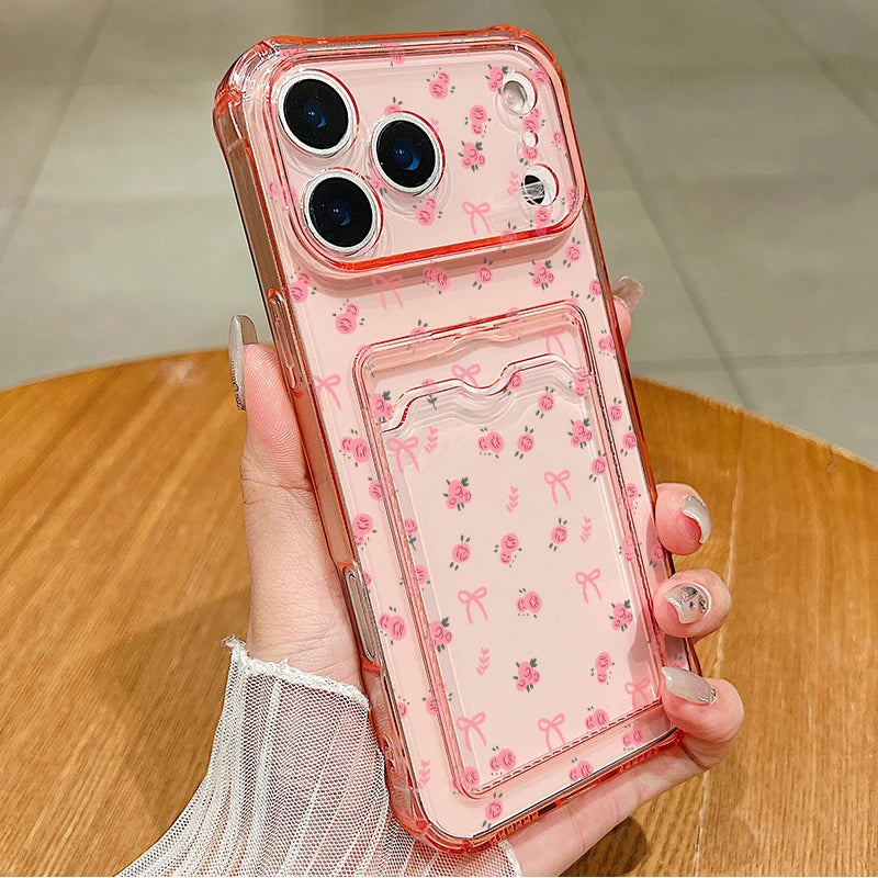 Black bowknot clear iPhone case with card pocket | Bows / Pink