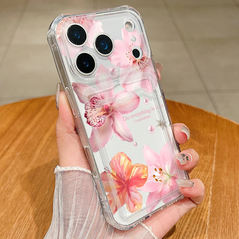 Lily flower clear iPhone case with card pocket | Pink Lily / Clear