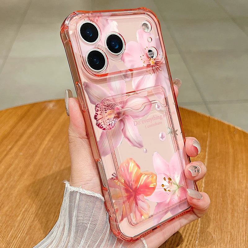 Lily flower clear iPhone case with card pocket | Pink Lily / Pink