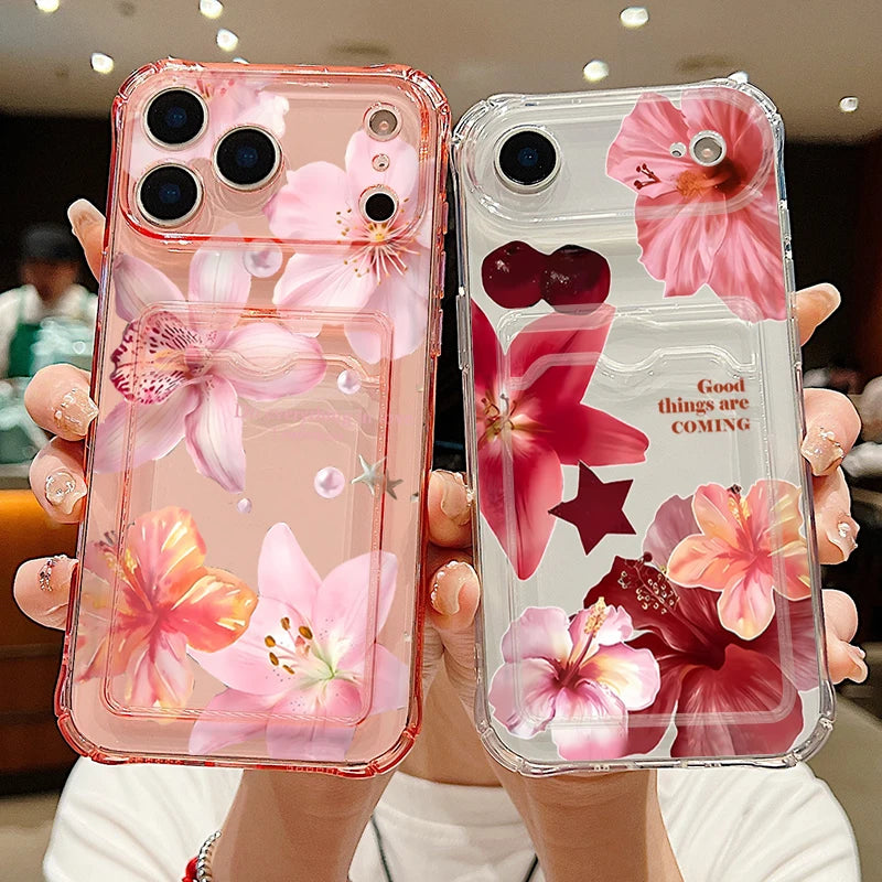 Lily flower clear iPhone case with card pocket