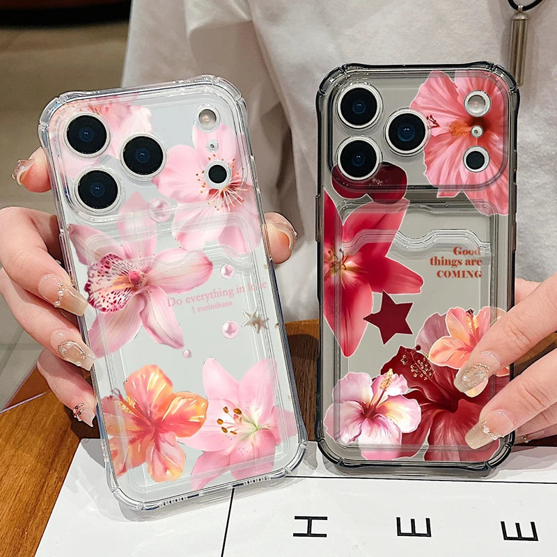 Lily flower clear iPhone case with card pocket