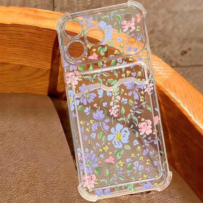 Vintage floral clear iPhone case with card pocket