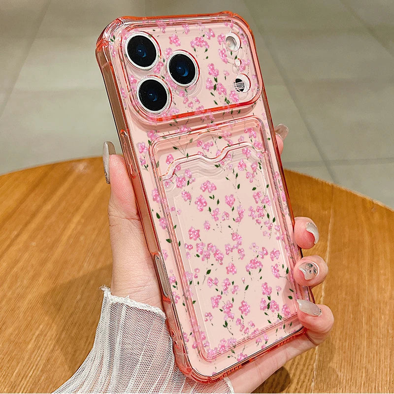 Vintage floral clear iPhone case with card pocket | Pink