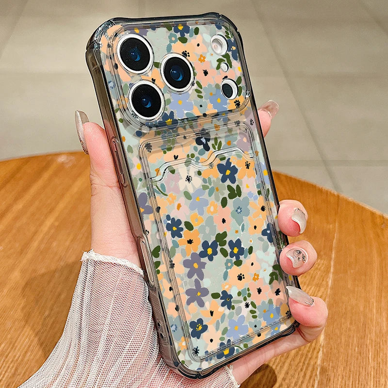 Vintage floral clear iPhone case with card pocket | Grey
