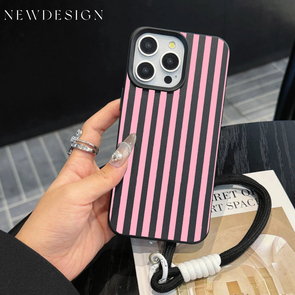 Striped iPhone case with wrist lanyard