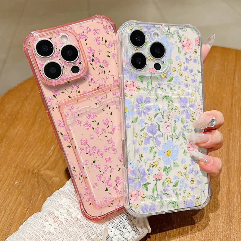 Vintage floral clear iPhone case with card pocket