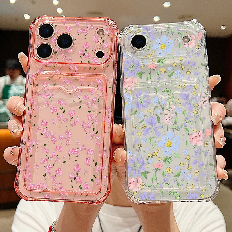 Vintage floral clear iPhone case with card pocket