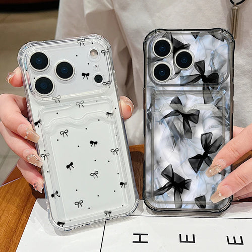Black bowknot clear iPhone case with card pocket