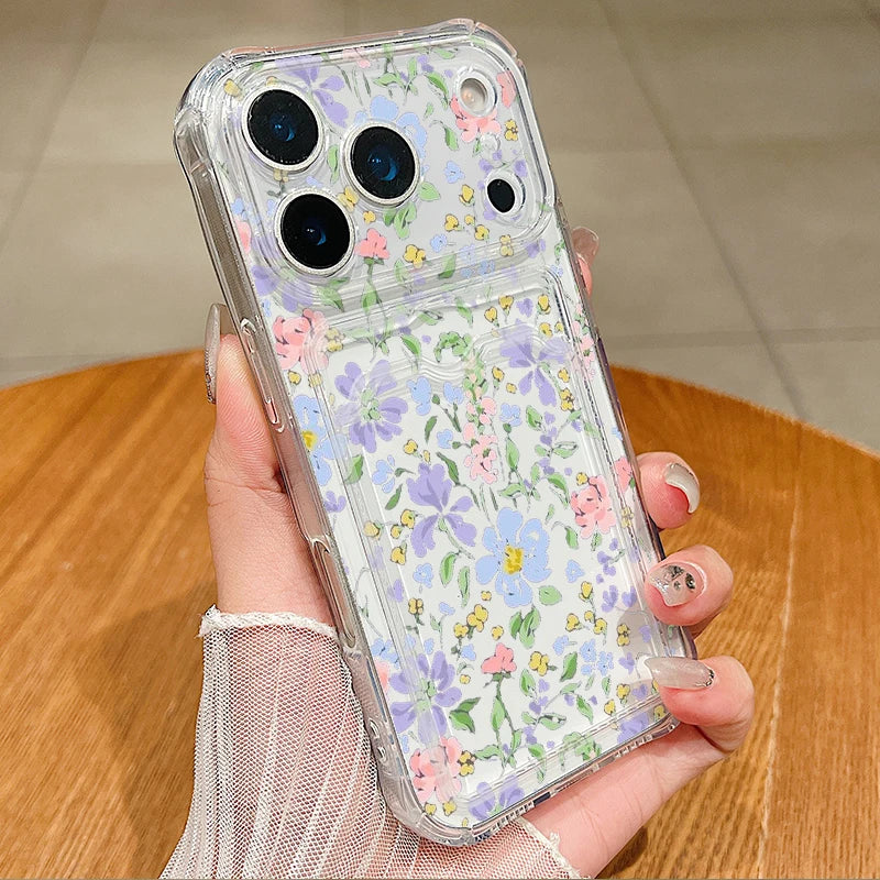 Vintage floral clear iPhone case with card pocket | Clear