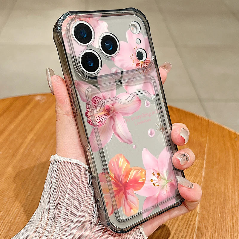 Lily flower clear iPhone case with card pocket | Pink Lily / Grey