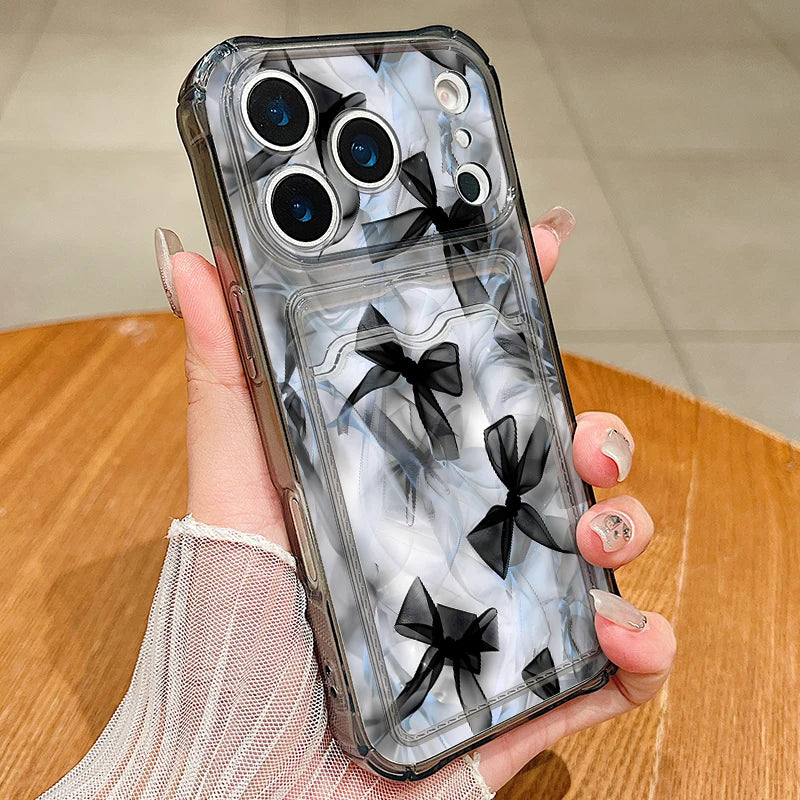 Black bowknot clear iPhone case with card pocket | Big Bows / Grey