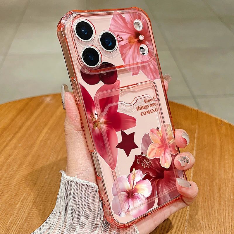Lily flower clear iPhone case with card pocket | Red Lily / Pink