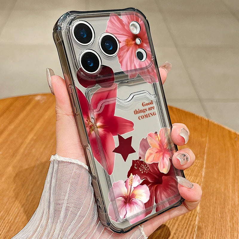 Lily flower clear iPhone case with card pocket | Red Lily / Grey